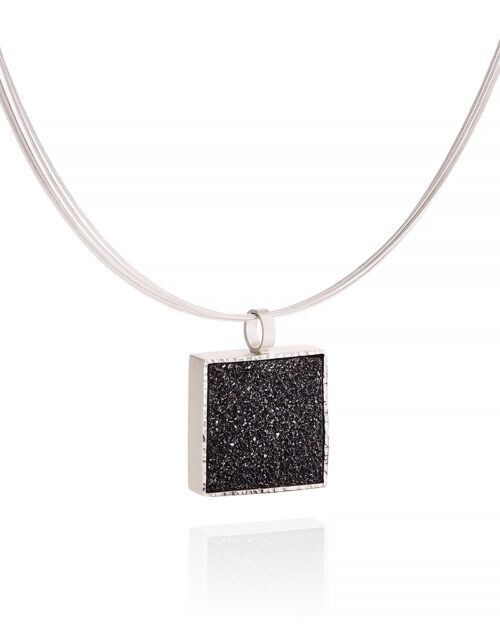Black Druzy Pendant on Silver Multi-Strand Neck Wire 