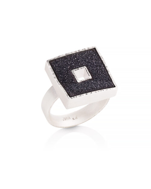 Silver Square Black Druzy Ring