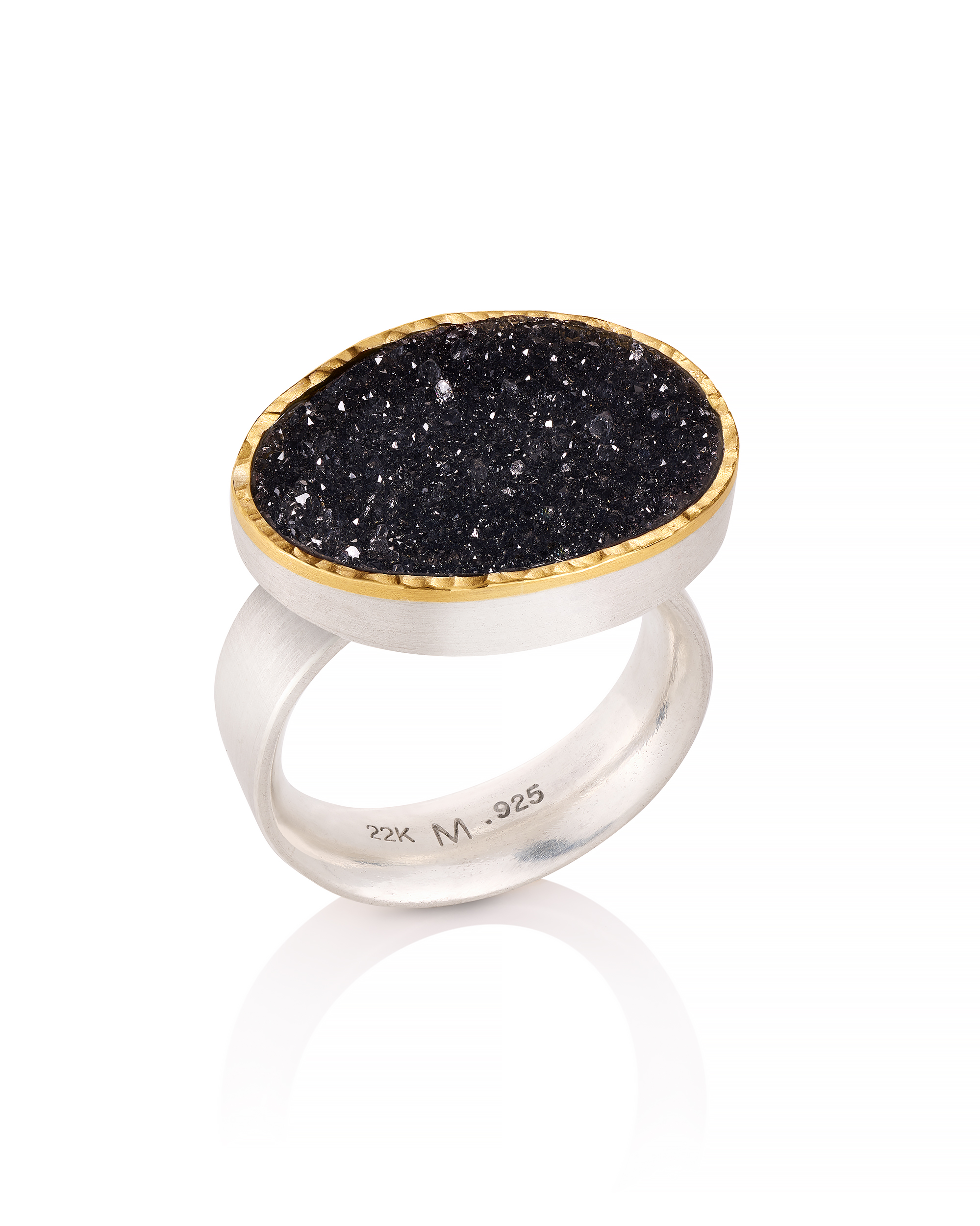 Silver and 22k Oval Black Druzy Quartz Ring