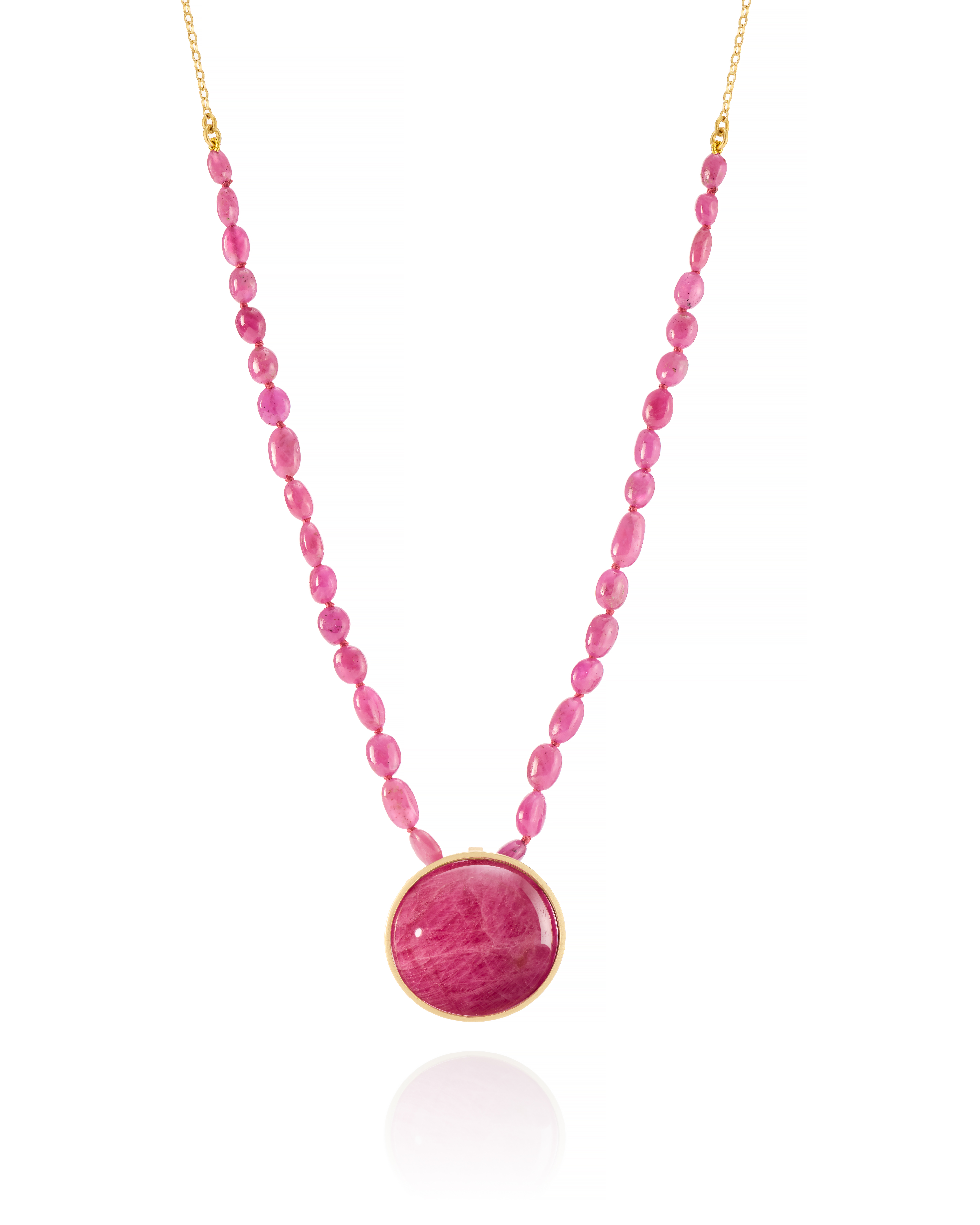 18k gold ruby pendant on a Ruby strand